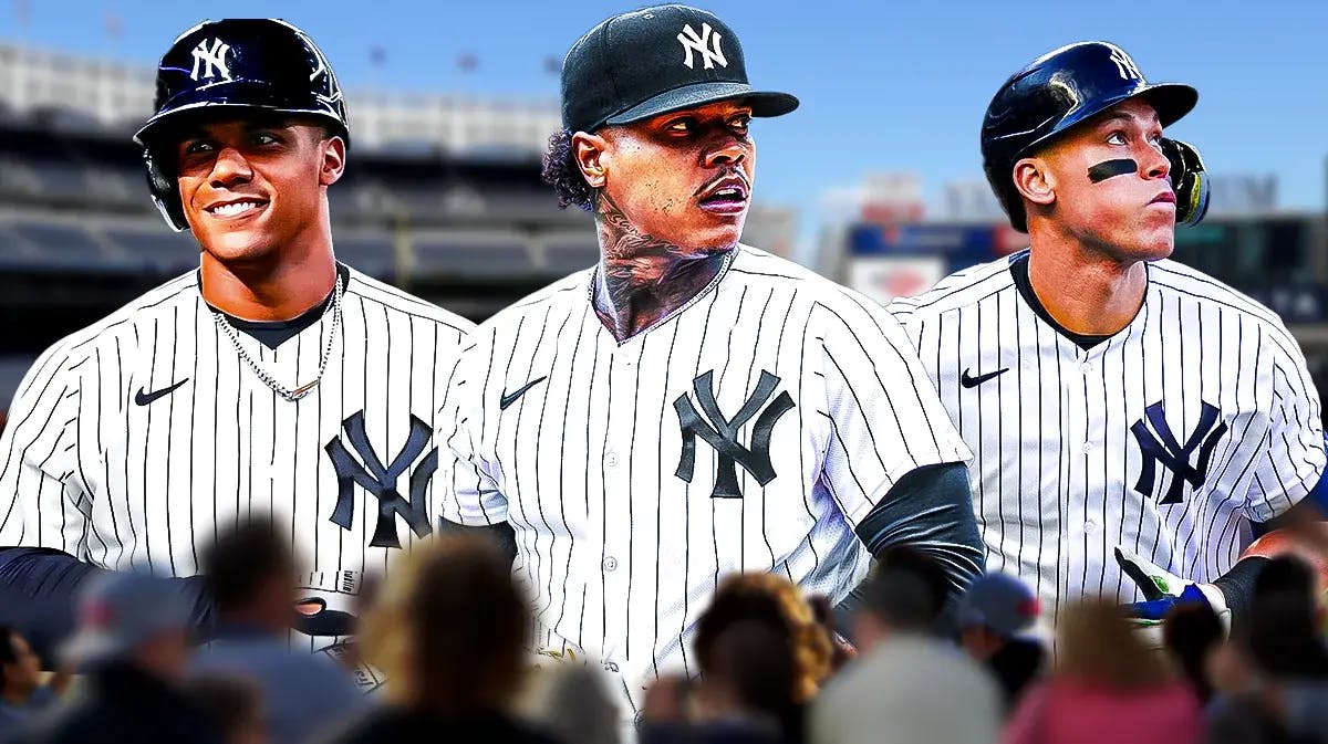 NY Yankees' Marcus Stroman in middle of image, with Yankees' Aaron Judge and Yankees' Juan Soto on either side of Stroman.