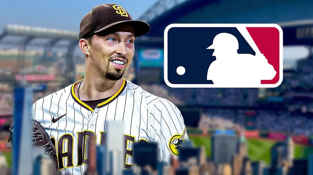 Padres pitcher Blake Snell standings in front of Mariners stadium, MLB Free Agency logo in the background of Mariners trade rumors