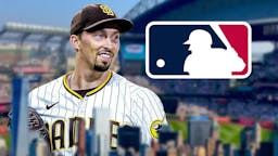 Padres pitcher Blake Snell standings in front of Mariners stadium, MLB Free Agency logo in the background of Mariners trade rumors