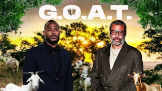Marlon Wayans and Jordan Peele surround by goats with G.O.A.T. above them.