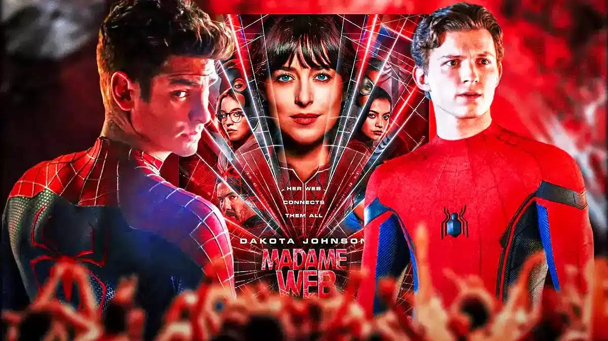 Madame Web Sony Marvel movie poster with Andrew Garfield and Tom Holland as Spider-Man.