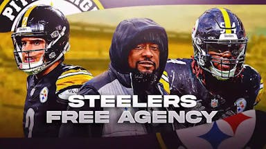 Pittsburgh Steelers coach Mike Tomlin in center of image, with Steelers' Mason Rudolph on image’s left and Steelers' Kwon Alexander on image’s right
