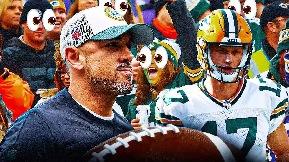 Matt LaFleur and Anders Carlson on one side, a bunch of Green Bay Packers fans on the other side with the big eyes emoji over their faces