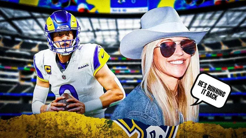 Photo: Kelly Stafford saying “He’s running it back” Matthew Stafford smiling beside her in Rams jersey, SoFi Stadium as background