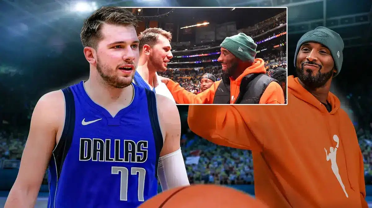 Mavericks' Luka Doncic smiling, with Kobe Bryant (2019 version) smiling at Doncic, with pic of Luka and Kobe together in the middle