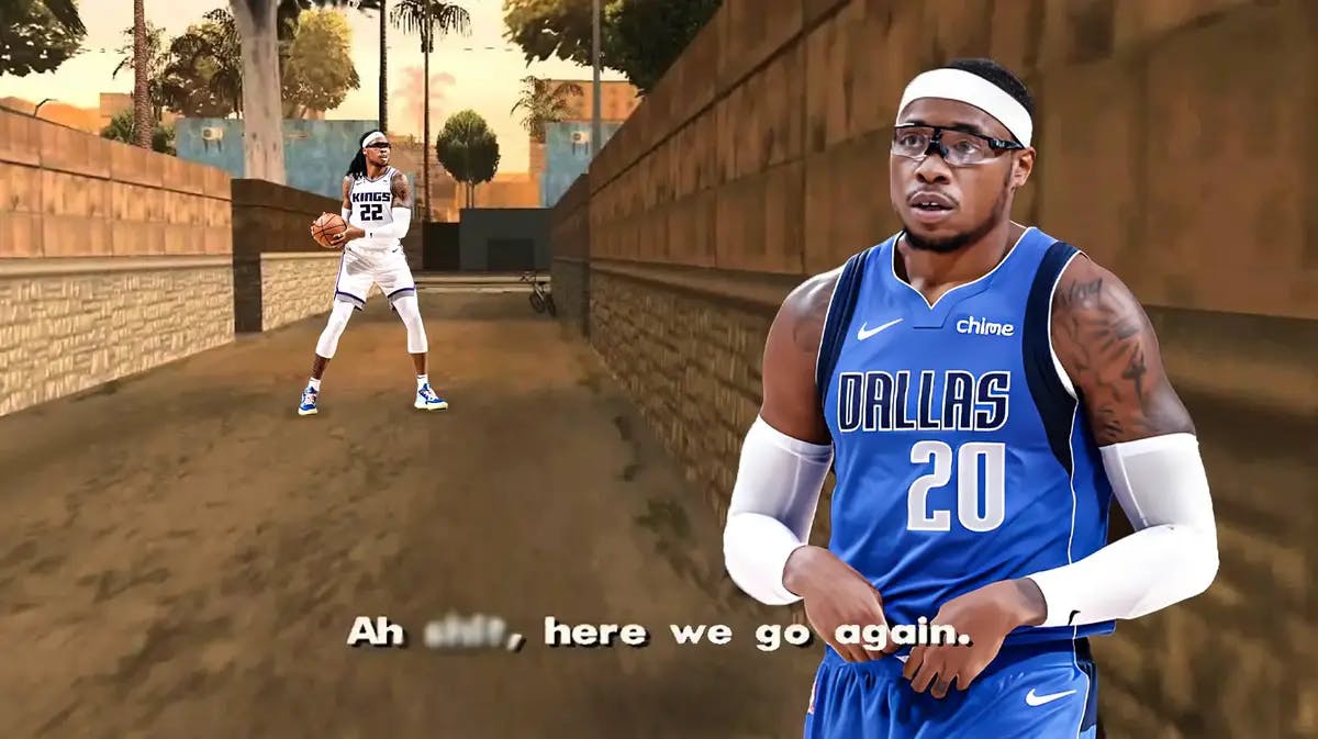 Mavericks' Richaun Holmes in the ah sh*t here we go again meme with the Mavs version of Holmes looking at a Kings version (2022) of himself