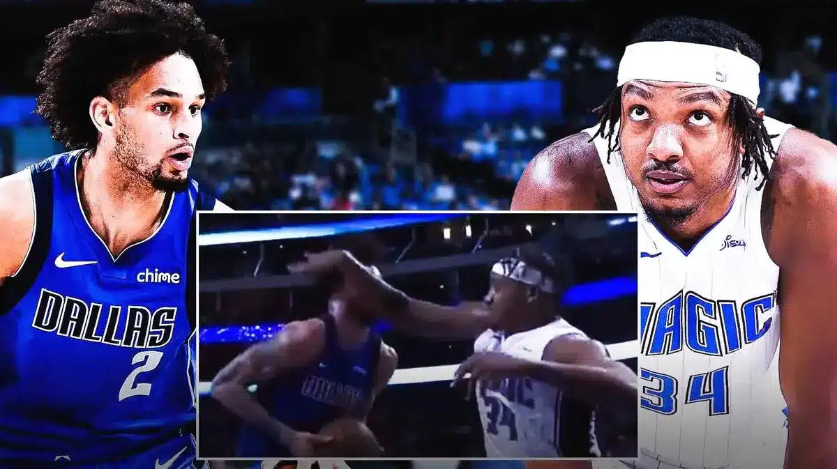 Magic’s Wendell Carter Jr. looking apologetic, screenshot of Carter's flagrant foul in the middle, with Mavericks' Dereck Lively II looking serious