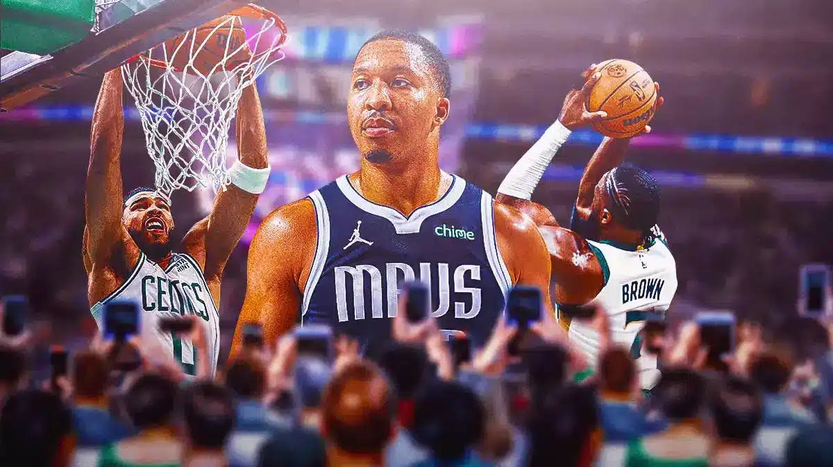 Mavericks' Grant Williams in front looking serious. In background, Celtics' Jayson Tatum dunking a basketball, Celtics' Jaylen Brown shooting a basketball.