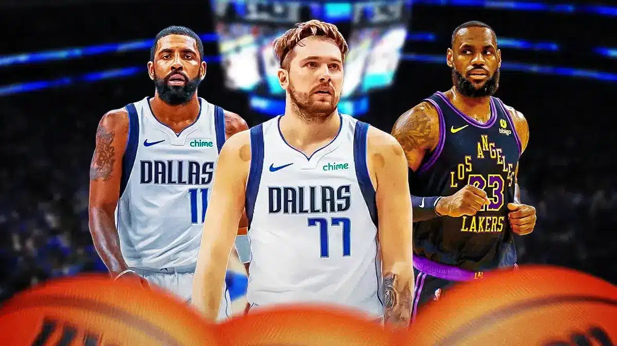 Mavericks' Luka Doncic in front looking serious. Mavericks' Kyrie Irving on his left, Lakers' LeBron James on his right looking serious.