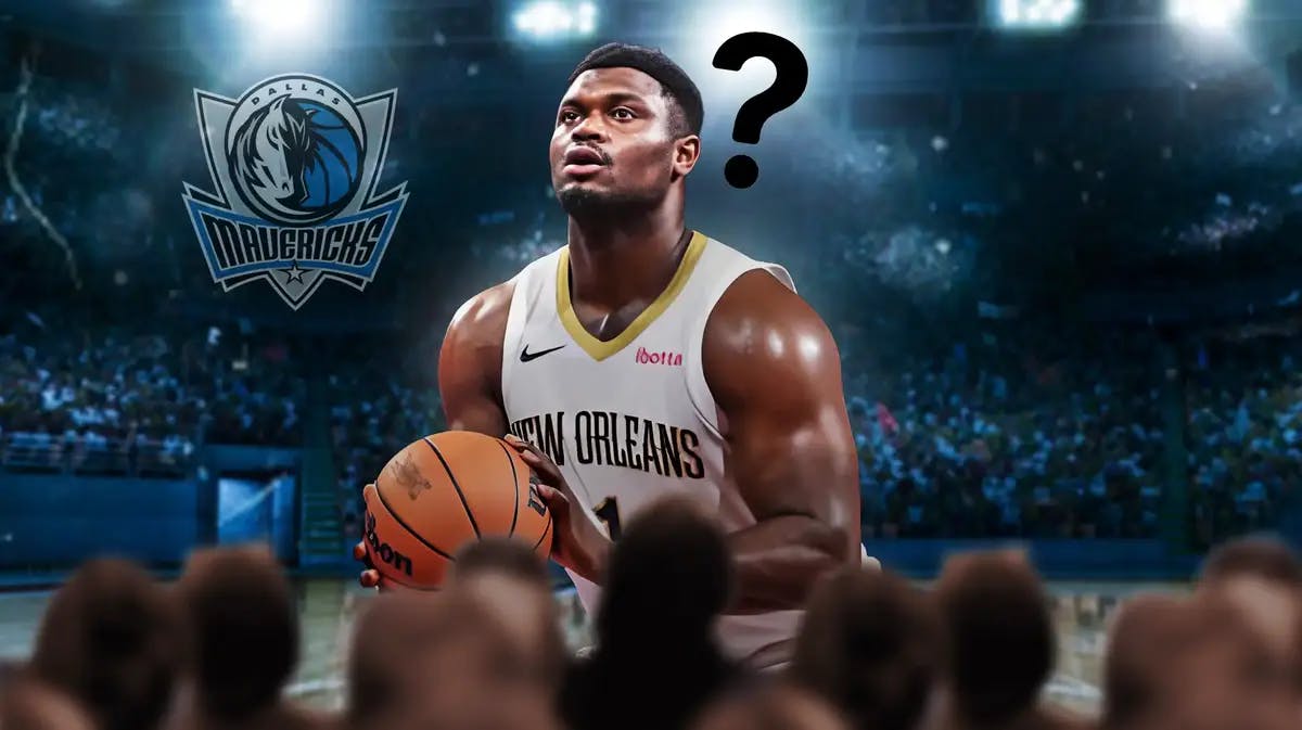 Mavericks' logo in background. Pelicans' Zion Williamson shooting a free throw. Question mark next to Zion.