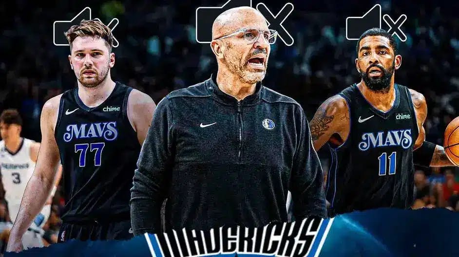 Mavs' Jason Kidd, Luka Doncic, and Kyrie Irving all frustrated, with the mute symbol all over them