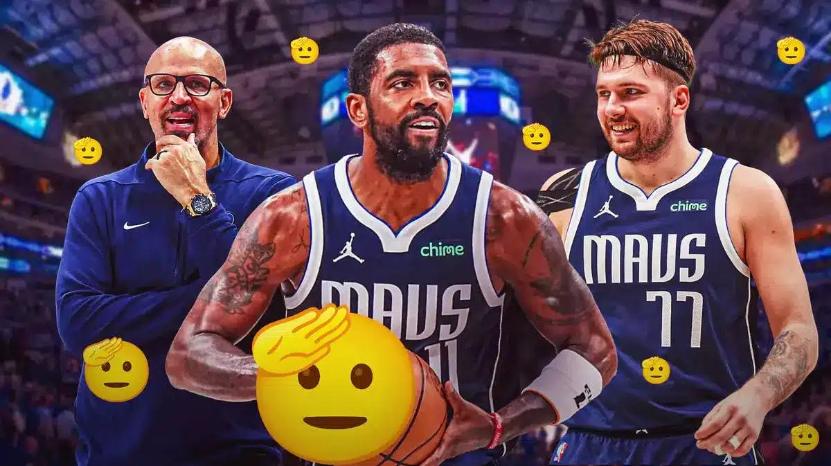 Mavs' Kyrie Irving hyped up, with Luka Doncic and Jason Kidd smiling and the salute emojis all over them