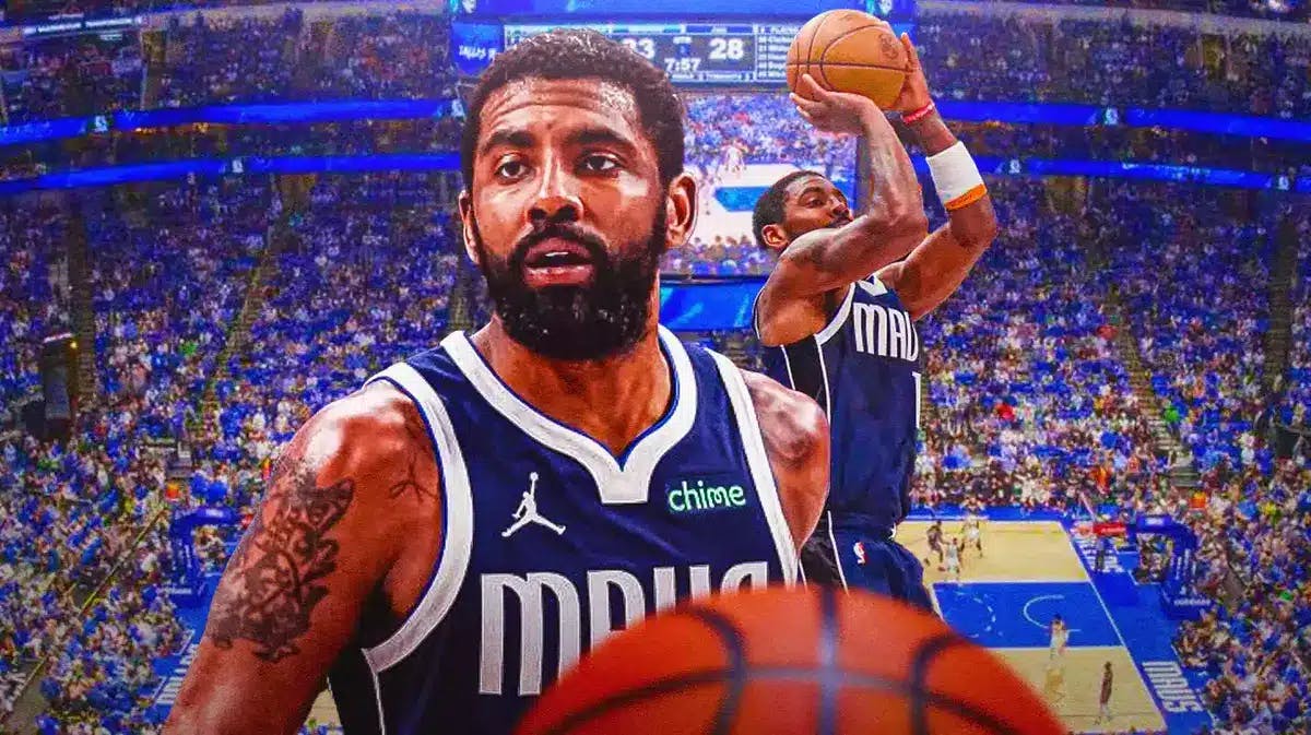 Kyrie Irving looking serious in front. In background, Mavs' Kyrie Irving shooting a basketball. Mavs logo background as well.