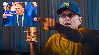 Jim Harbaugh (michigan football head coach) as the Leo pointing meme