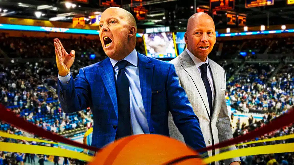 UCLA basketball, Trojans, Mick Cronin, Mick Cronin UCLA, Mick Cronin Bruins, Mick Cronin with UCLA basketball arena in the background