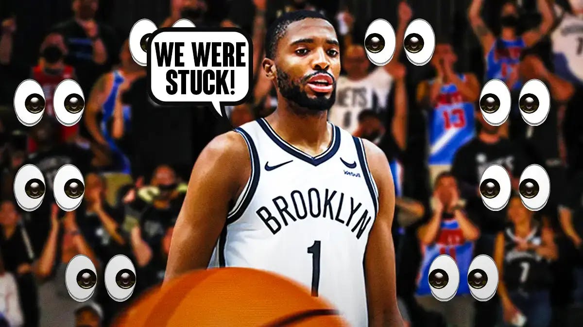 Mikal Bridges on one side with a speech bubble that says “We were stuck!”, a bunch of Brooklyn Nets fans on the other side with the big eyes emoji over their faces