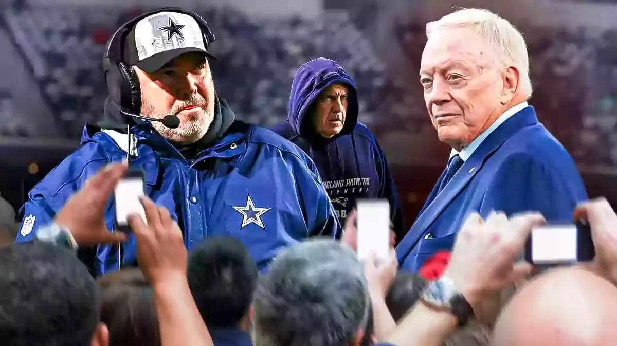 Dallas Cowboys coach Mike McCarthy looking sad, Dallas Cowboys owner Jerry Jones looking mad, and please in the background and smaller than McCarthy and Jones, please put image of Patriots coach Bill Belichick with a hoodie on like this please.
