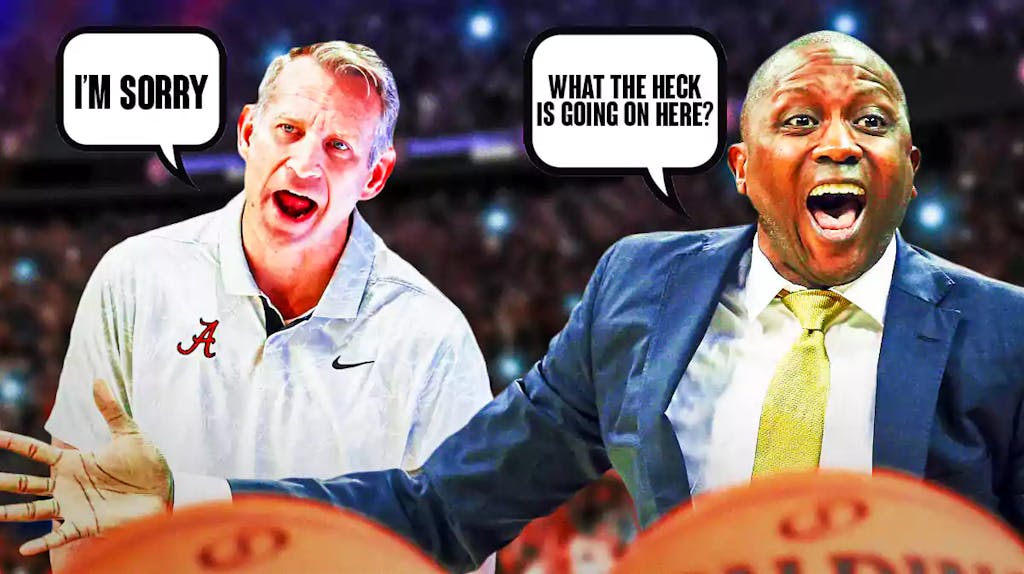 Alabama basketball coach Nate Oats apologizing, Missouri basketball coach Dennis Gates asking a question