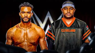 Montez Ford and Angelo Dawkins wearing Cleveland Browns jerseys with the WWE logo as the background.