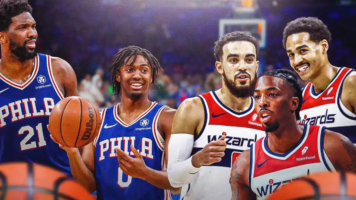 Sixers' Joel Embiid and Tyrese Maxey looking at Wizards' Jordan Poole, Tyus Jones, and Delon Wright