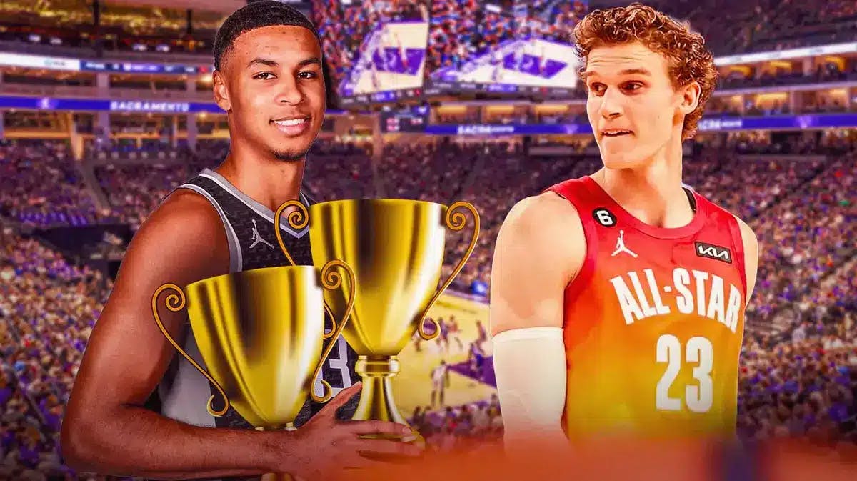 Kings' Keegan Murray smiling while holding plenty of awards (trophies), with Jazz’s Lauri Markkanen wearing an All-Star uniform