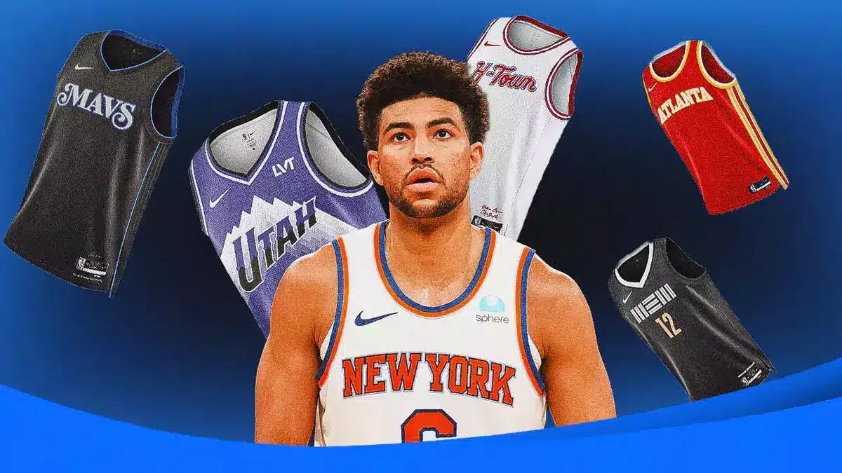 Knicks' Quentin Grimes looking serious, with Rockets, Grizzlies, Jazz, Mavericks, and Hawks jerseys all around him