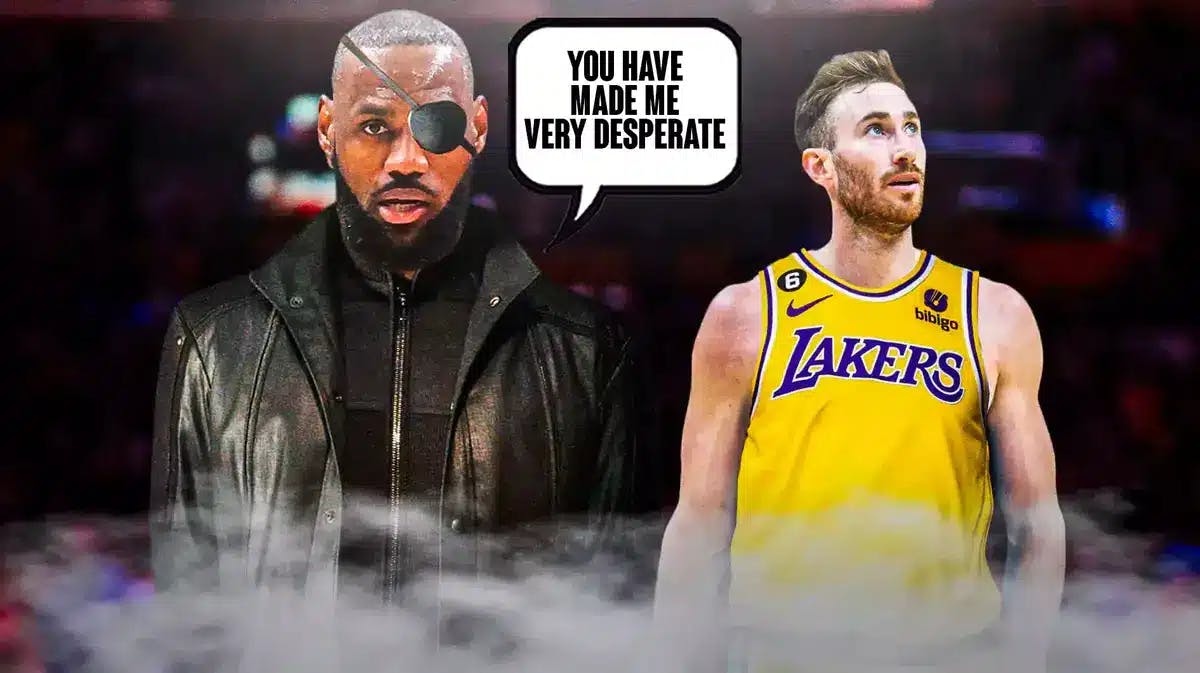 LeBron James as Nick Fury in Avengers (2012), “You have made me very desperate”, with Gordon Hayward in a Lakers uni on the side