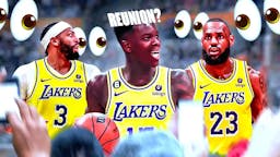 Photo: Dennis Schroder in Lakers jersey in action with REUNION? above him, have LeBron James, Anthony Davis with peeping eyes in background