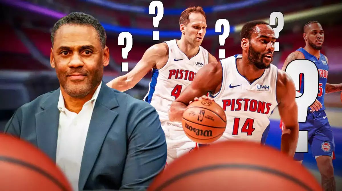 Pistons' Troy Weaver looking serious, with Bojan Bogdanovic, Alec Burks, and Monte Morris all in action, question marks all over the three players