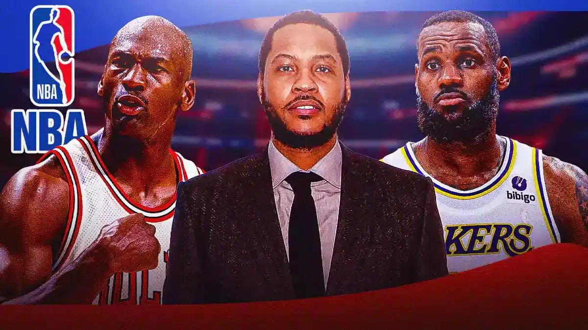 Carmelo Anthony, Michael Jordan, and LeBron James stand in front of NBA logo, fans in background debate NBA GOAT status