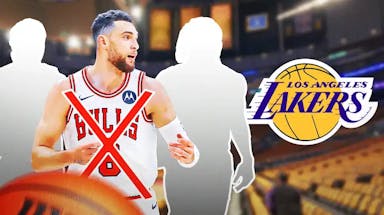 Zach LaVine and 2 silhouettes next to the Lakers logo