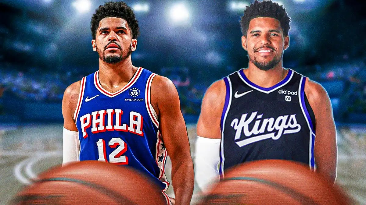 A double image of Tobias Harris, one of him in his Sixers jersey and the other one of him in a Kings jersey, NBA Trade Deadline