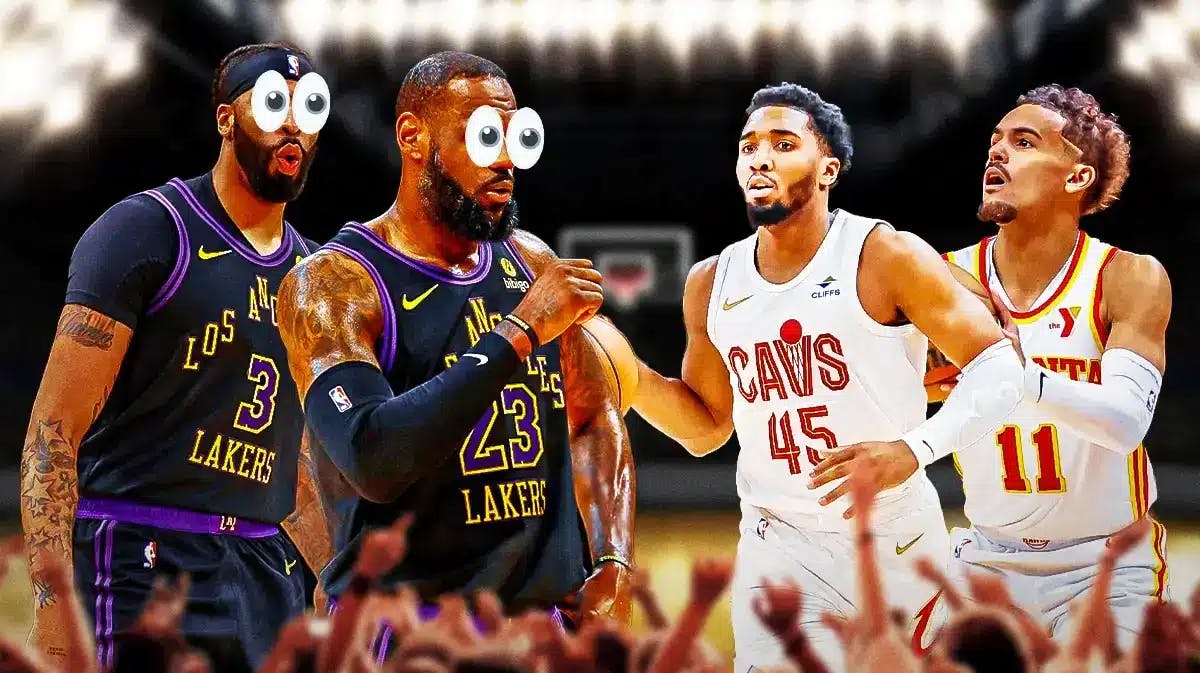 Lakers players LeBron James and Anthony Davis looking at Donovan Mitchell and trae Young.