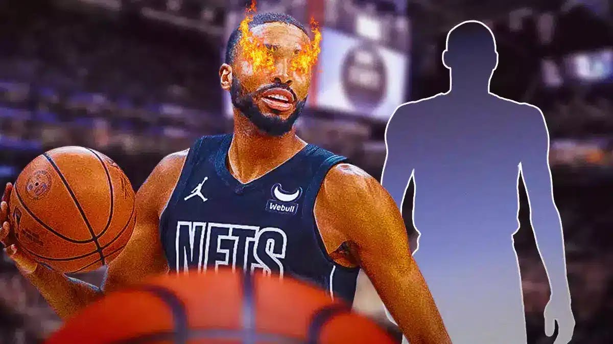 Nets' Mikal Bridges with fire in his eyes. Silhouette of Dejounte Murray in the background