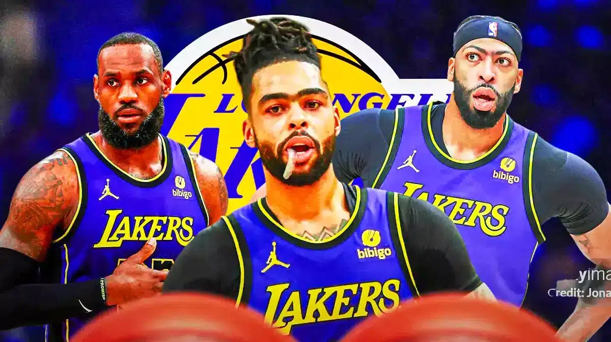 D’Angelo Russell in middle of image with a few question marks around him, LeBron James and Anthony Davis on either side, LA Lakers logo, basketball court in background