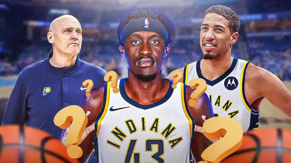 Indiana Pacers head coach Rick Carlisle with Tyrese Haliburton and newly acquired forward Pascal Siakam