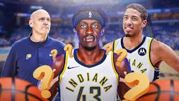 Indiana Pacers head coach Rick Carlisle with Tyrese Haliburton and newly acquired forward Pascal Siakam
