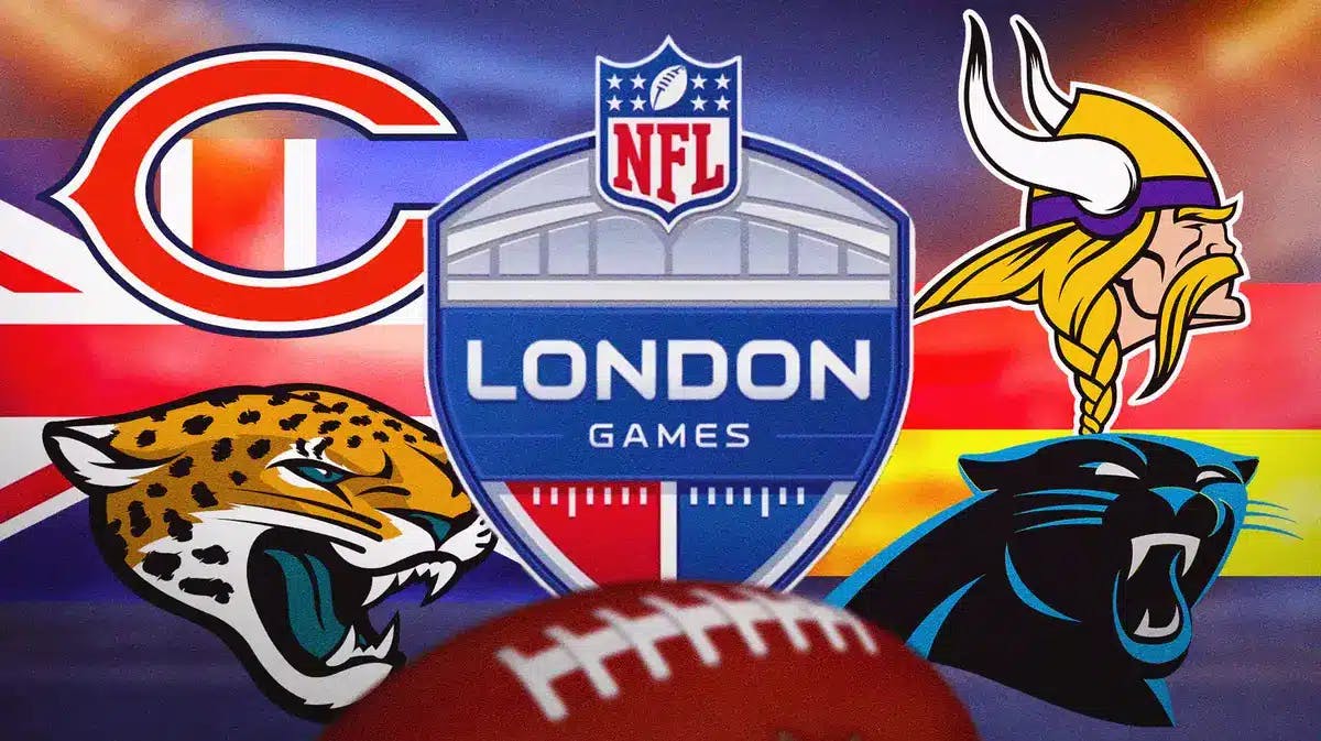 Bears, Jaguars, Vikings and Panthers logos in image, 2024 NFL International games logo, London and Germany flags, football field in background