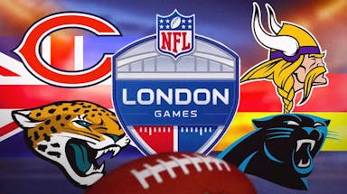 Bears, Jaguars, Vikings and Panthers logos in image, 2024 NFL International games logo, London and Germany flags, football field in background