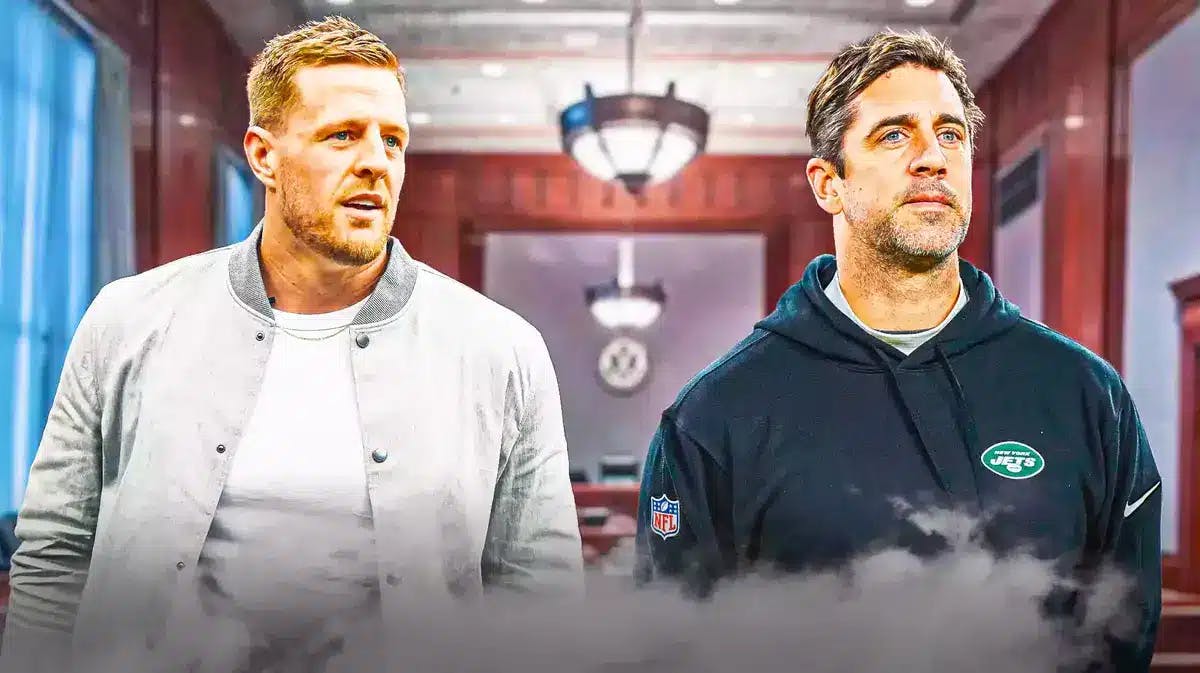 Jets QB Aaron Rodgers who has beef with Jimmy Kimmel over the Epstein list and JJ Watt
