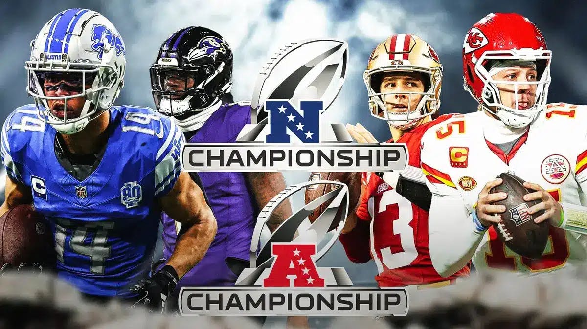 Amon-Ra St. Brown, Lamar Jackson, Brock Purdy, Patrick Mahomes all in a corner of the graphic with the AFC and NFC Conference Championship logos in the middle.