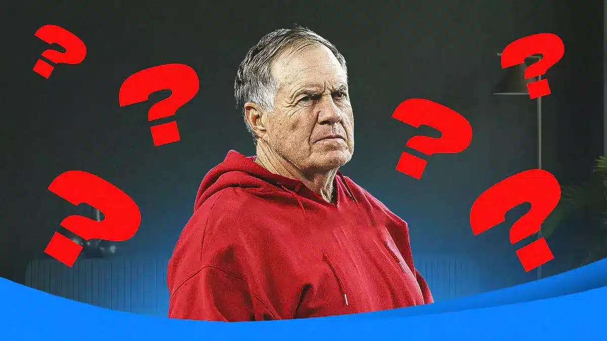 Bill Belichick with question marks falling around him