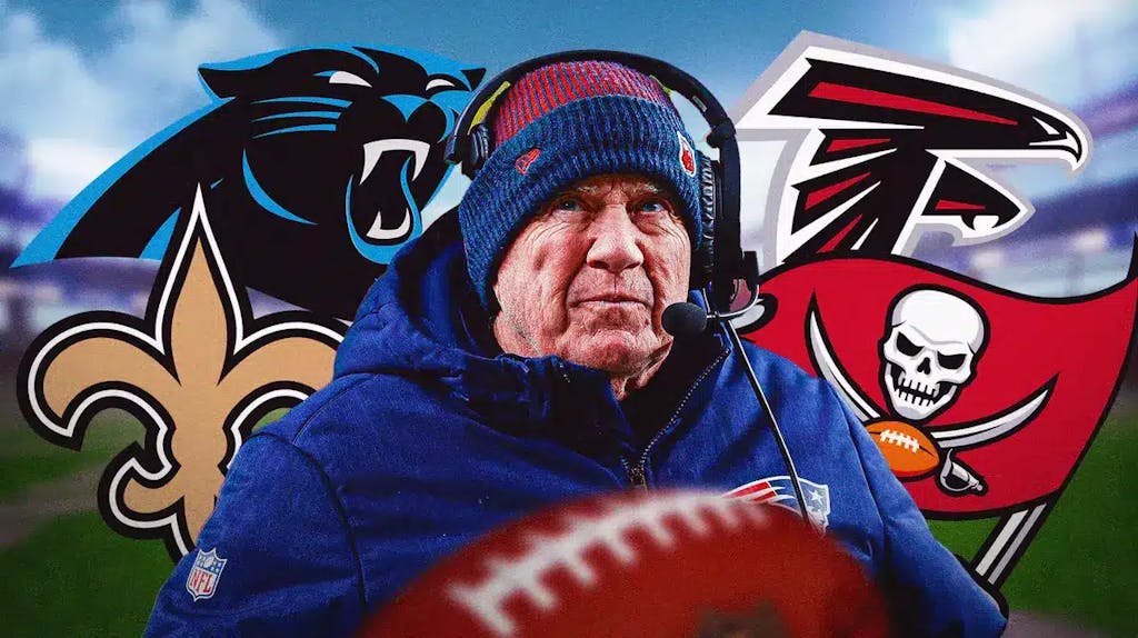 Bill Belichick surrounded by Panthers, Falcons, Saints, and Buccaneers logos