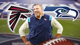 Mike Vrabel next to the Falcons and Seahawks logos