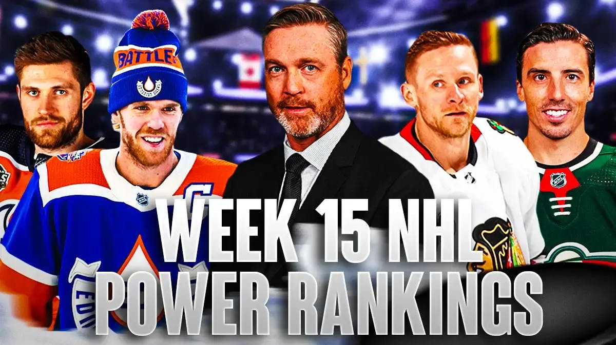 Patrick Roy in middle of image with fire around him looking happy, Connor McDavid and Leon Draisaitl on one side looking happy, Corey Perry and Marc-Andre Fleury on other side looking happy, NHL logo in image Week 15 NHL Power Rankings