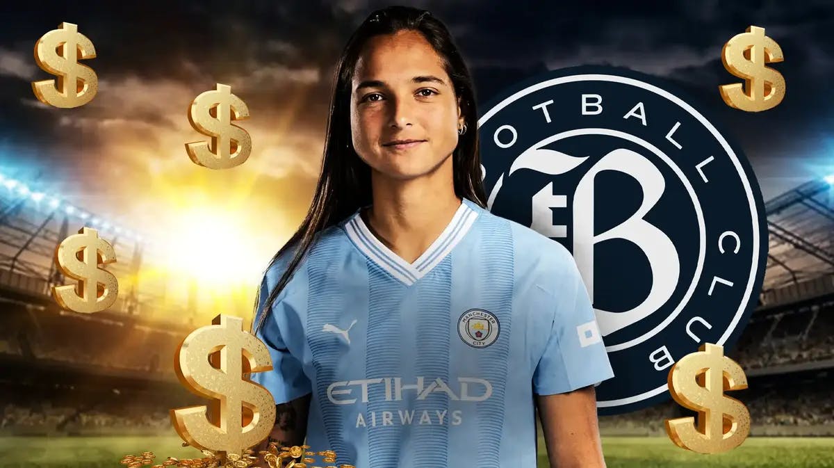 Women’s soccer player Deyna Castellanos, with the NWSL BAy FC team logo, and dollar signs $$