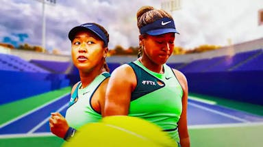 Women’s tennis player Naomi Osaka in tennis gear, looking angry/frustrated