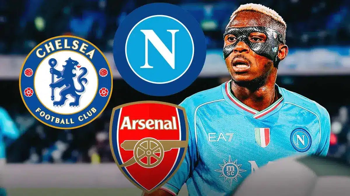 Victor Osimhen in front of the Napoli, Chelsea, Arsenal logos