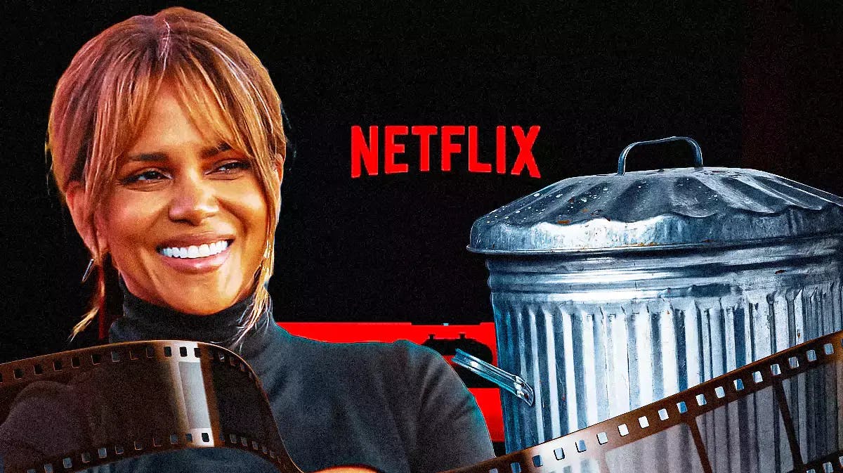 Halle Berry next to trash can and Netflix logo.