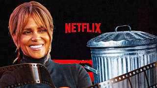 Halle Berry next to trash can and Netflix logo.